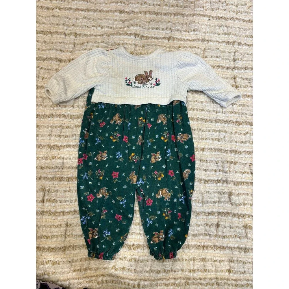 Forest Friends Green Bunny Rabbit Romper VTG Healthtex 6/9 mths floral bubble